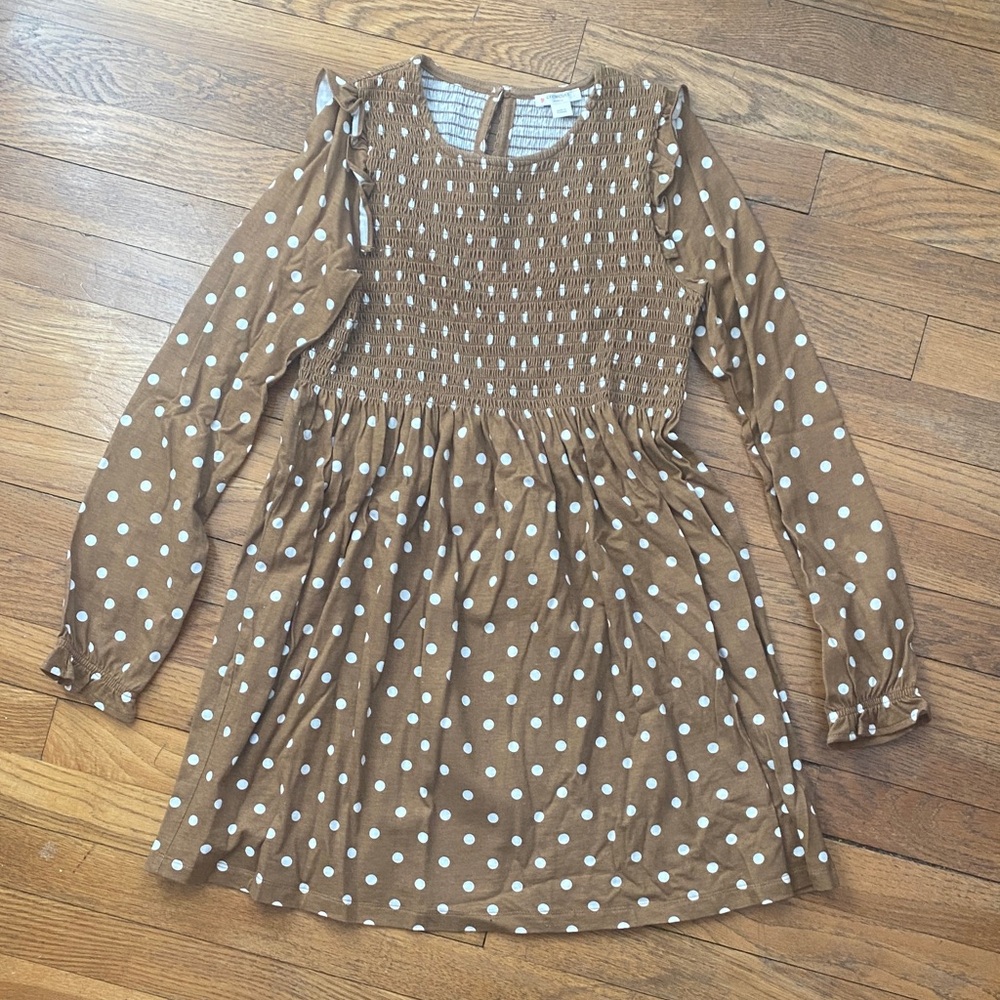 J Crew girls brown and white polka dot smocked dress size 12 EUC